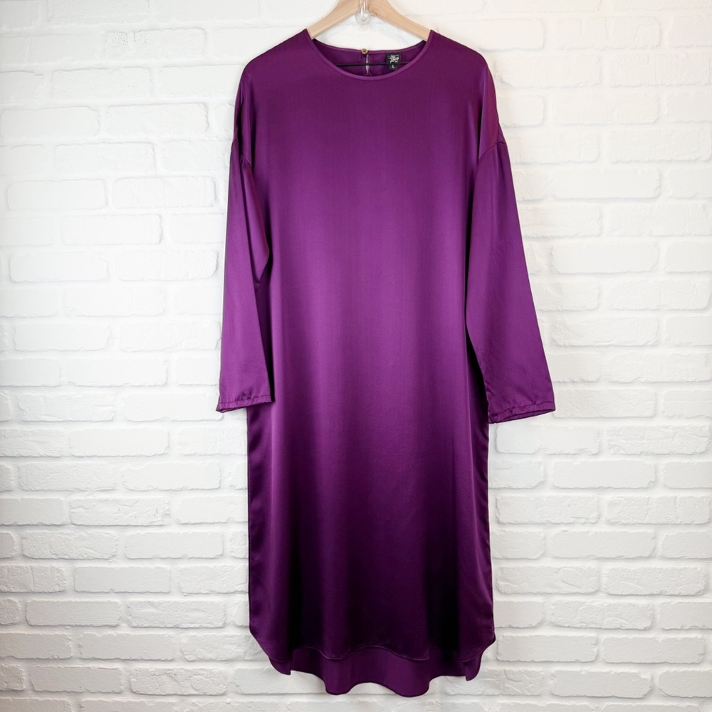 The Frock NYC Plum Purple Silk Satin Tunic Midi Dress Long sleeve rounded hem L